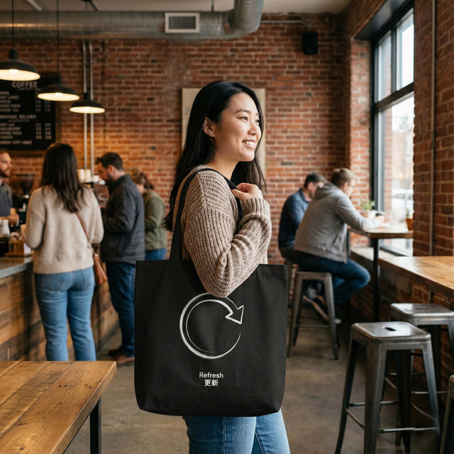 A candid lifestyle photograph of an East Asian woman in her 20s holding a black canvas tote bag with a white brushstroke refresh loop icon and text, standing in a busy, modern coffee shop with exposed brick walls.