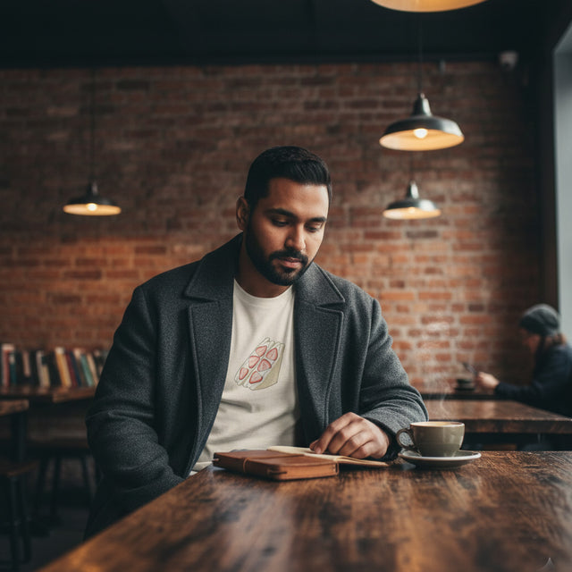 Man sitting at a table in a cozy cafe with a brick wall background