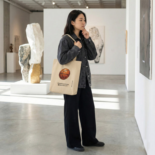 Beige canvas tote bag with a basketball sketch and "Distortion is energy" text, held by an East Asian woman in a modern art gallery.
