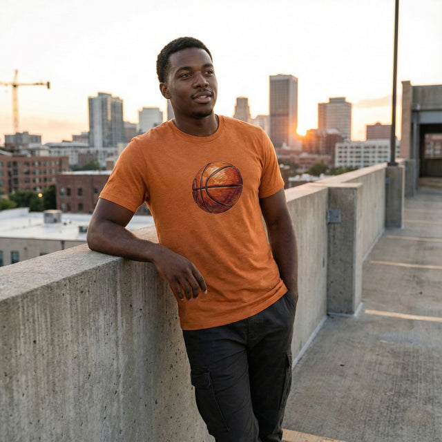 Unisex heather autumn t-shirt featuring an artistic sketch-style basketball graphic, modeled by a man in a casual urban rooftop setting.