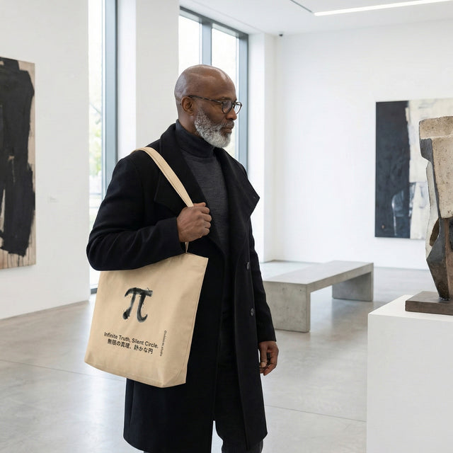 Man in a black coat holding a beige tote bag with a mathematical symbol in an art gallery.
