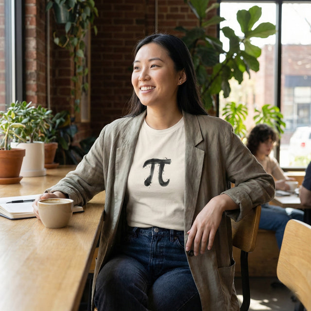 Woman sitting at a table in a casual setting wearing a shirt with a pi symbol.