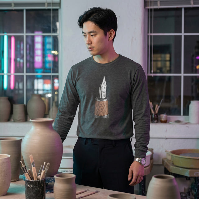 Man wearing a long-sleeve shirt with a graphic design in a pottery studio.