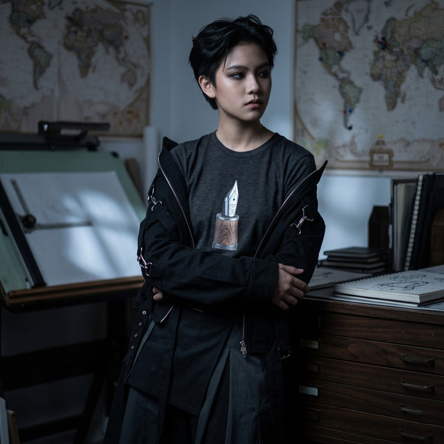 Person in a dark room with world maps and books, holding a folder.