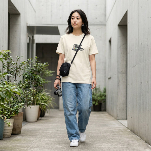 Woman walking in a modern architectural setting with plants and concrete walls.