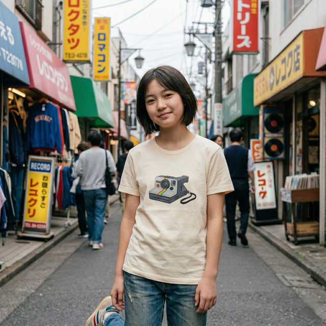 Person wearing a t-shirt with a Polaroid camera design on a street in Japan