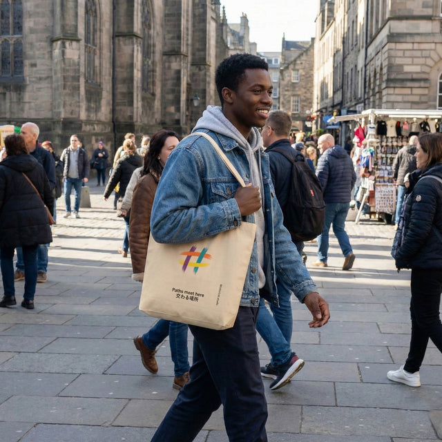 A young man walks through a busy city plaza, carrying the beige canvas tote bag with the colorful brushstroke hashtag and "Paths meet here 交わる場所" text.