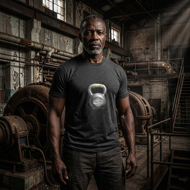 Man wearing a t-shirt with a kettlebell design in an industrial setting