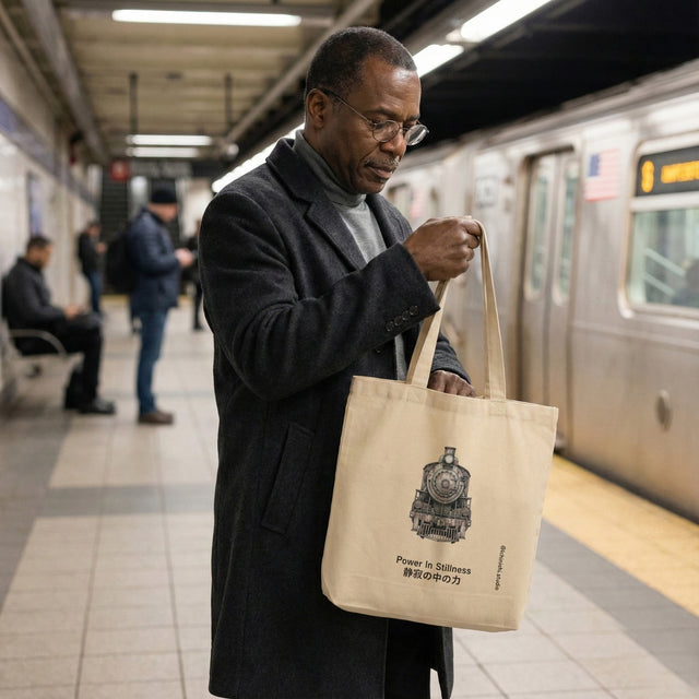 Man holding a tote bag with a train design on a subway platform