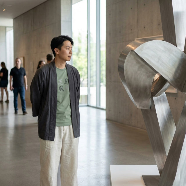 Sage green t-shirt featuring four traditional Japanese Kanji characters representing 'Flower, Bird, Wind, Moon' (Kachō Fūgetsu), worn by a non-binary model in a minimalist modern art gallery.