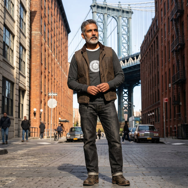 Man standing on a city street with a bridge in the background