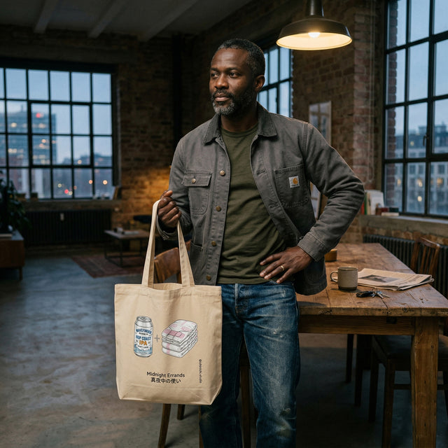 Man holding a tote bag with a design in a room with large windows and a wooden table.
