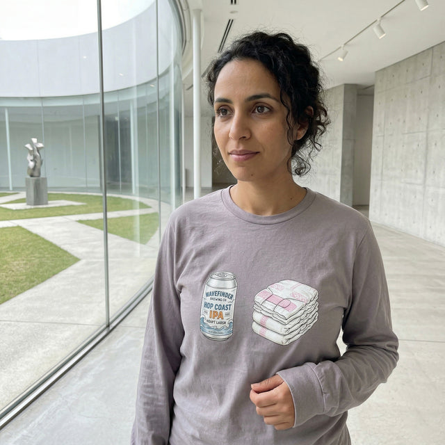 Woman wearing a gray sweatshirt with a graphic design in a modern indoor setting