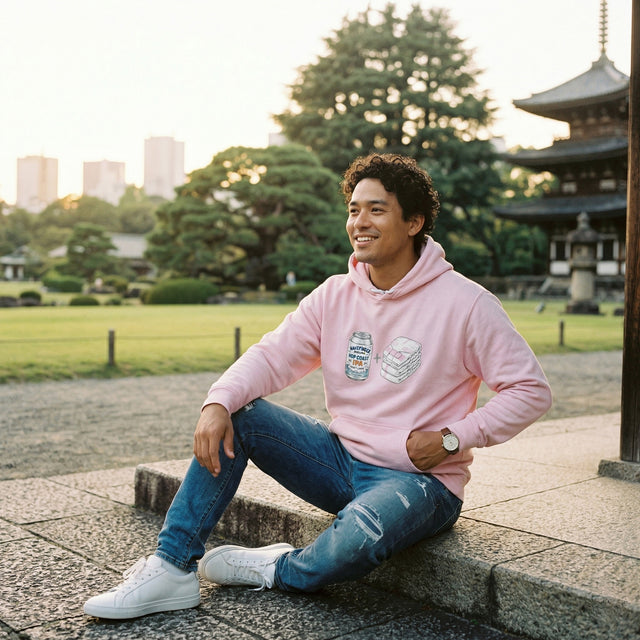 Man wearing a pink hoodie with a graphic design, sitting outdoors in a park-like setting.