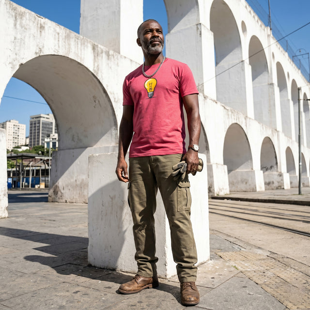Man wearing a red t-shirt with a light bulb graphic and brown pants standing in front of white arches.