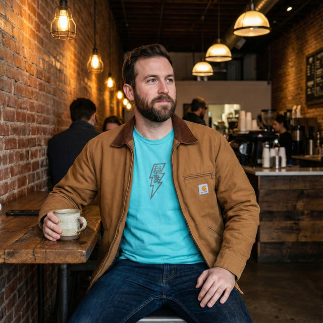 Turquoise t-shirt featuring a grey lightning bolt graphic with Japanese Kanji characters, worn by a man in an exposed brick coffee shop.