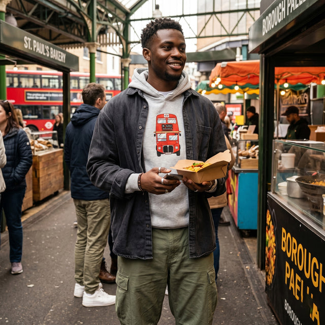 Man holding a food box in a market setting with Borough Market sign in the background