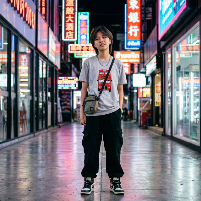 Person standing in a neon-lit urban alleyway with colorful signs.