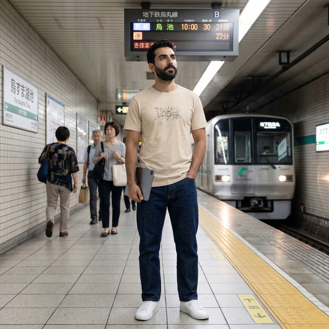 Man standing on a subway platform with a train in the background