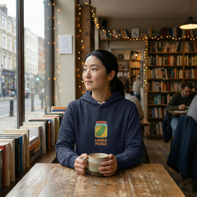 Girl wearing a blue hoodie with the Lonely Pickle design