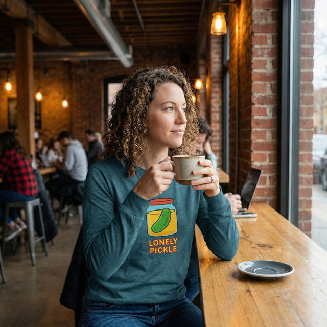 Woman in a 'Lonely Pickle' sweatshirt drinking from a mug in a casual setting.