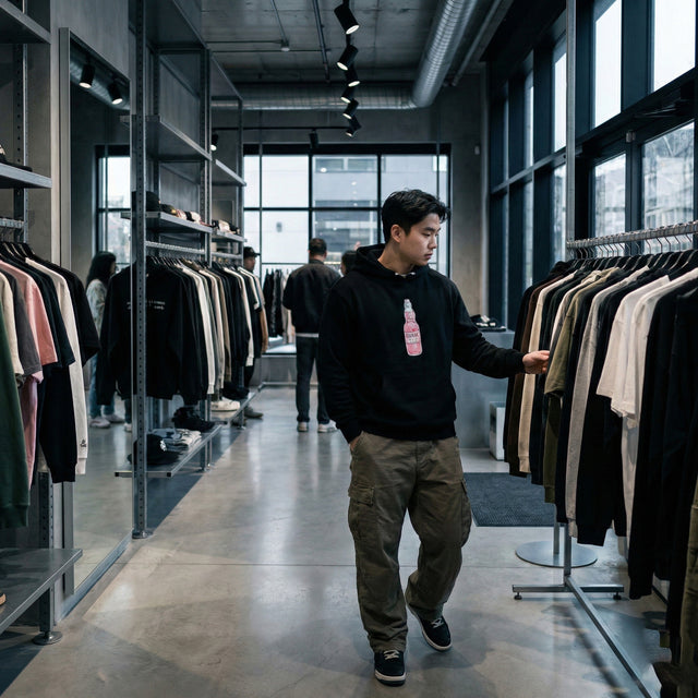 Man walking through a clothing store with racks of clothes on either side.