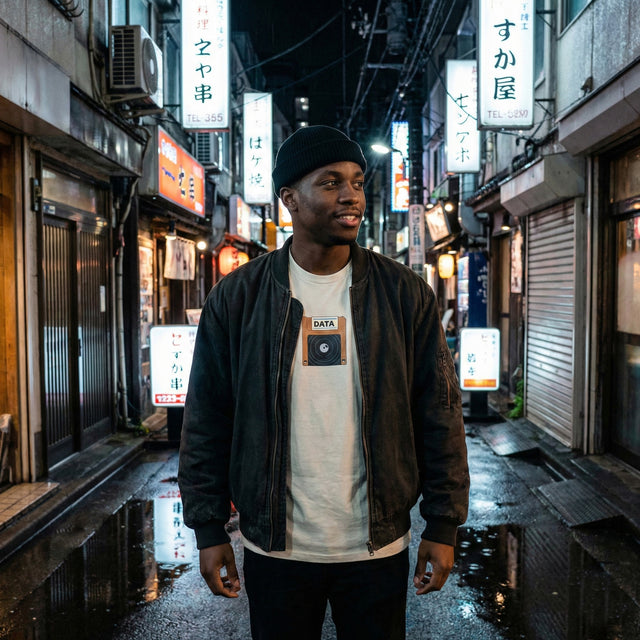 Man standing in a neon-lit street with illuminated signs in an urban setting