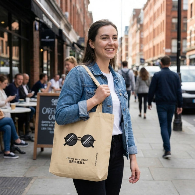 Woman holding a beige tote bag with sunglasses design on a city street.
