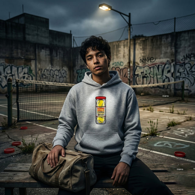 Person wearing a hoodie with a jar design in an urban setting with graffiti.