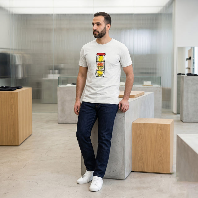 Man wearing a white t-shirt with a graphic design in a modern indoor setting