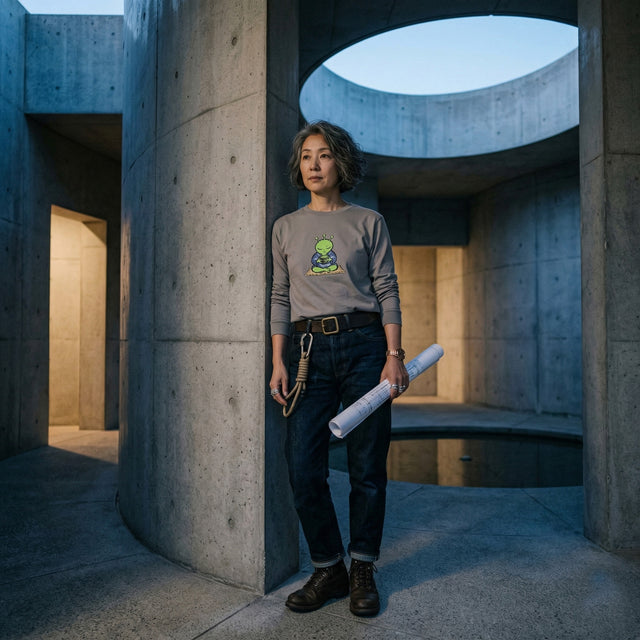 Person standing in a concrete architectural space holding a rolled-up document.