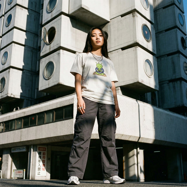 Person wearing a white t-shirt with a graphic design in front of a modern building.