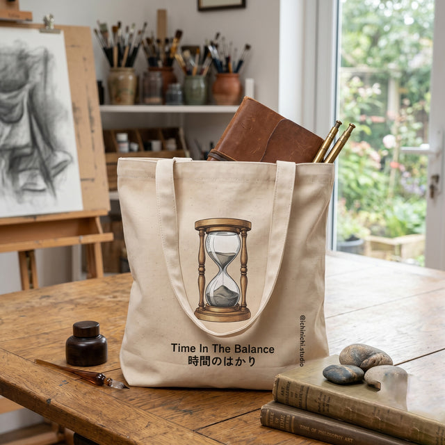 Beige tote bag with hourglass design and text on a wooden table in an art studio setting.