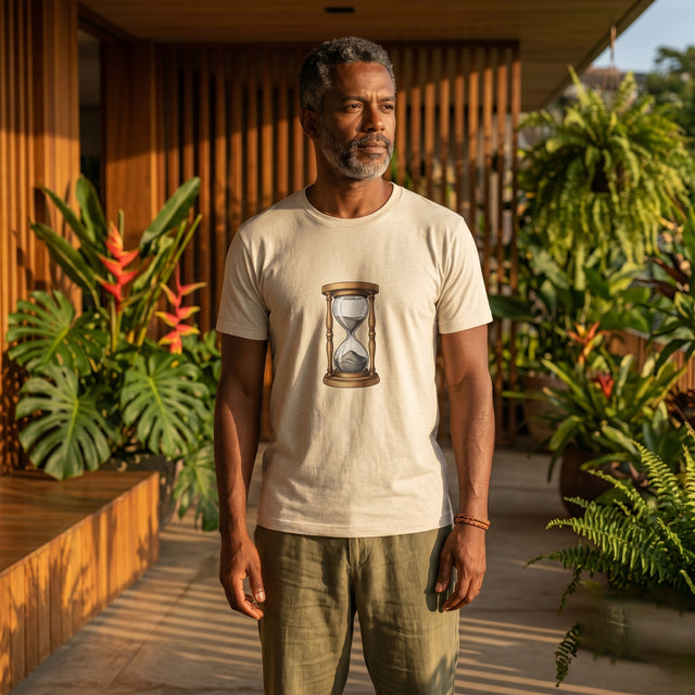 Man wearing a t-shirt with a sand hourglass design in a garden setting