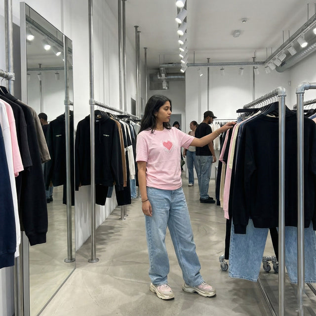 pink unisex t-shirt with a pink pixelated heart design worn by a young South Asian woman browsing in a modern streetwear boutique.