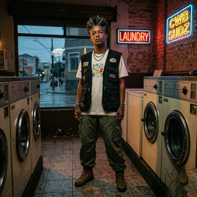 Person standing in a laundromat with neon signs and washing machines.