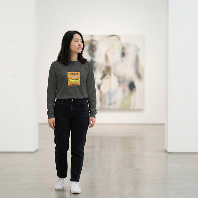 Person wearing a gray long-sleeve shirt with a graphic design in an art gallery.
