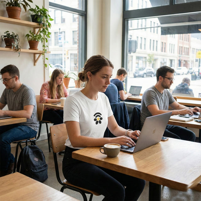 A white t-shirt featuring a minimalist black and yellow graphic combining a WiFi symbol with a flower, worn by a young woman in a busy co-working cafe.