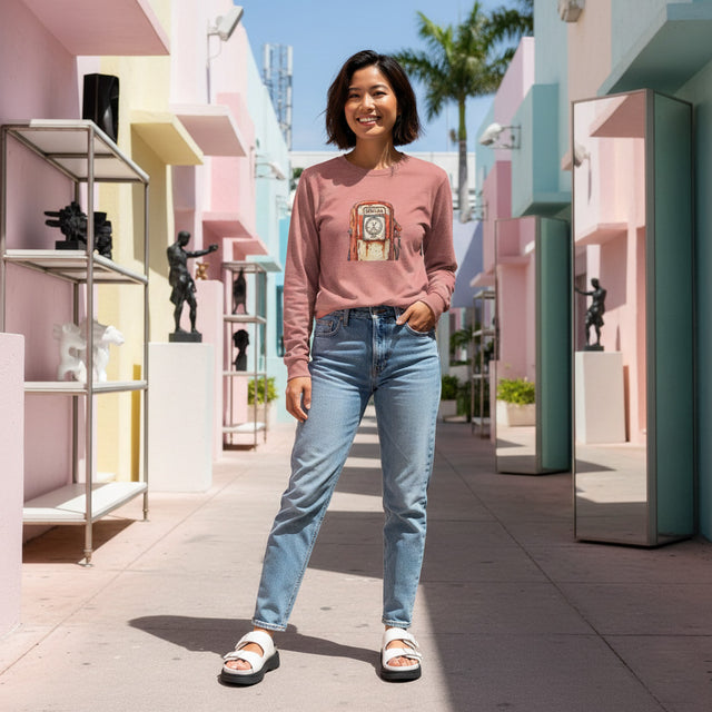 Woman in a pink sweatshirt and blue jeans standing in a colorful architectural setting.