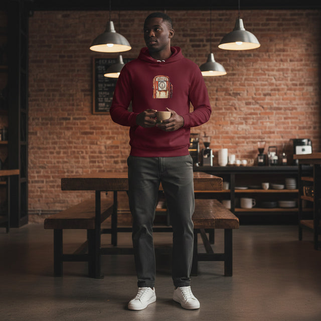 Man in a red hoodie standing in a dimly lit cafe with brick walls.