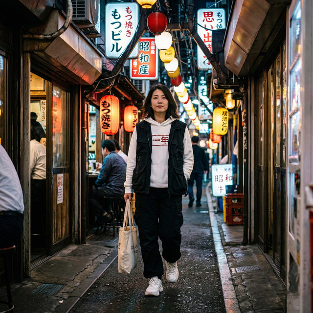 Person walking through a vibrant alleyway with illuminated signs and lanterns.