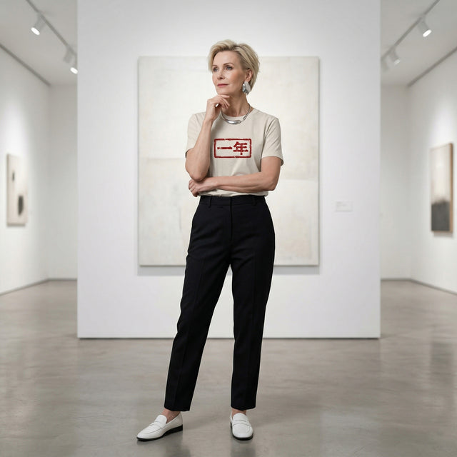 Woman standing in an art gallery wearing a t-shirt with text and black pants.
