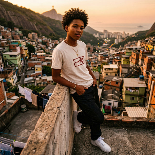 Person standing on a rooftop overlooking a densely populated neighborhood with mountains in the background.
