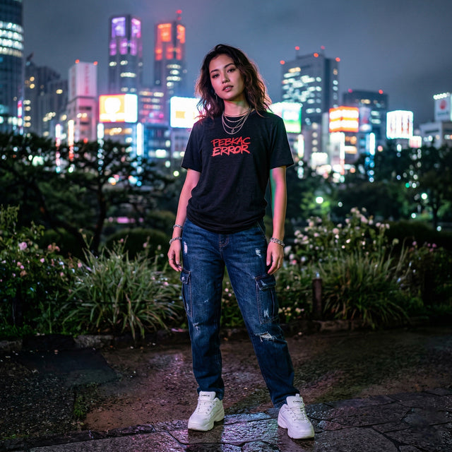Person wearing a black t-shirt with red text and blue jeans standing in front of a cityscape at night.