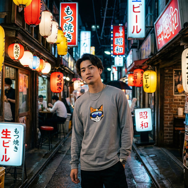Man standing in a vibrant Japanese street at night with colorful lanterns and signs.