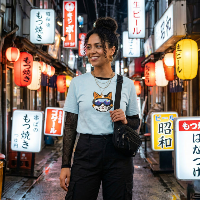 Woman standing in a vibrant street scene with illuminated signs and lanterns
