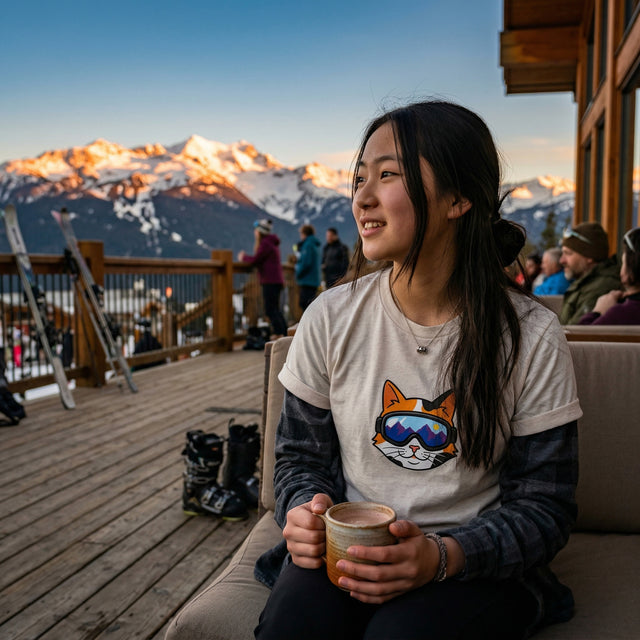 Woman holding a mug on a wooden deck with mountains in the background