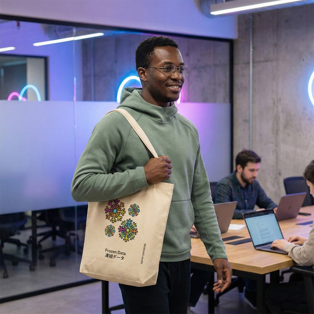 Beige canvas eco tote bag featuring colorful pixel art snowflakes and 'Frozen Data' text with Japanese characters, modeled on shoulder in a modern tech co-working space.