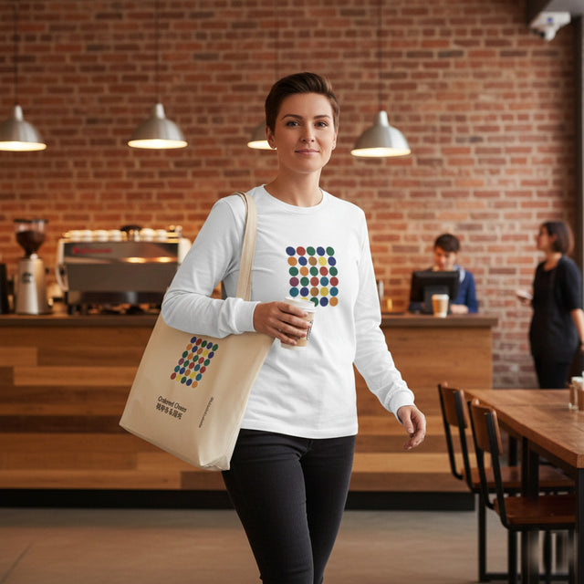 Woman walking in a coffee shop wearing a white shirt with a colorful design, holding a beige tote bag and a cup.