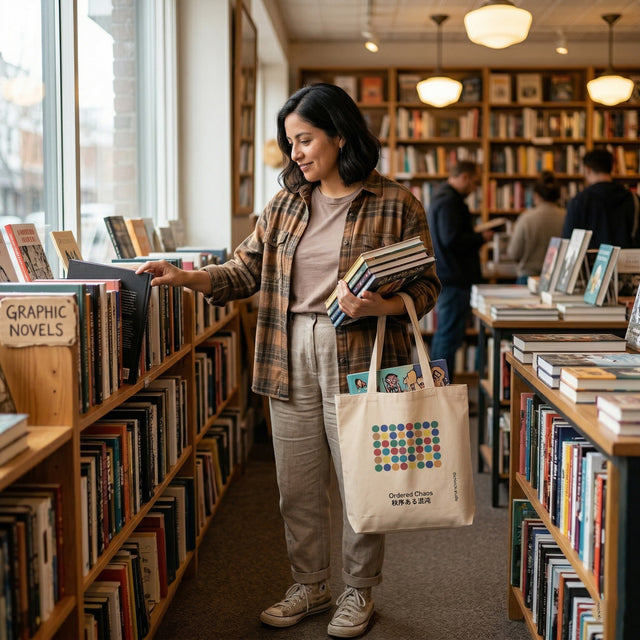 Woman shopping for books in a bookstore with a tote bag.